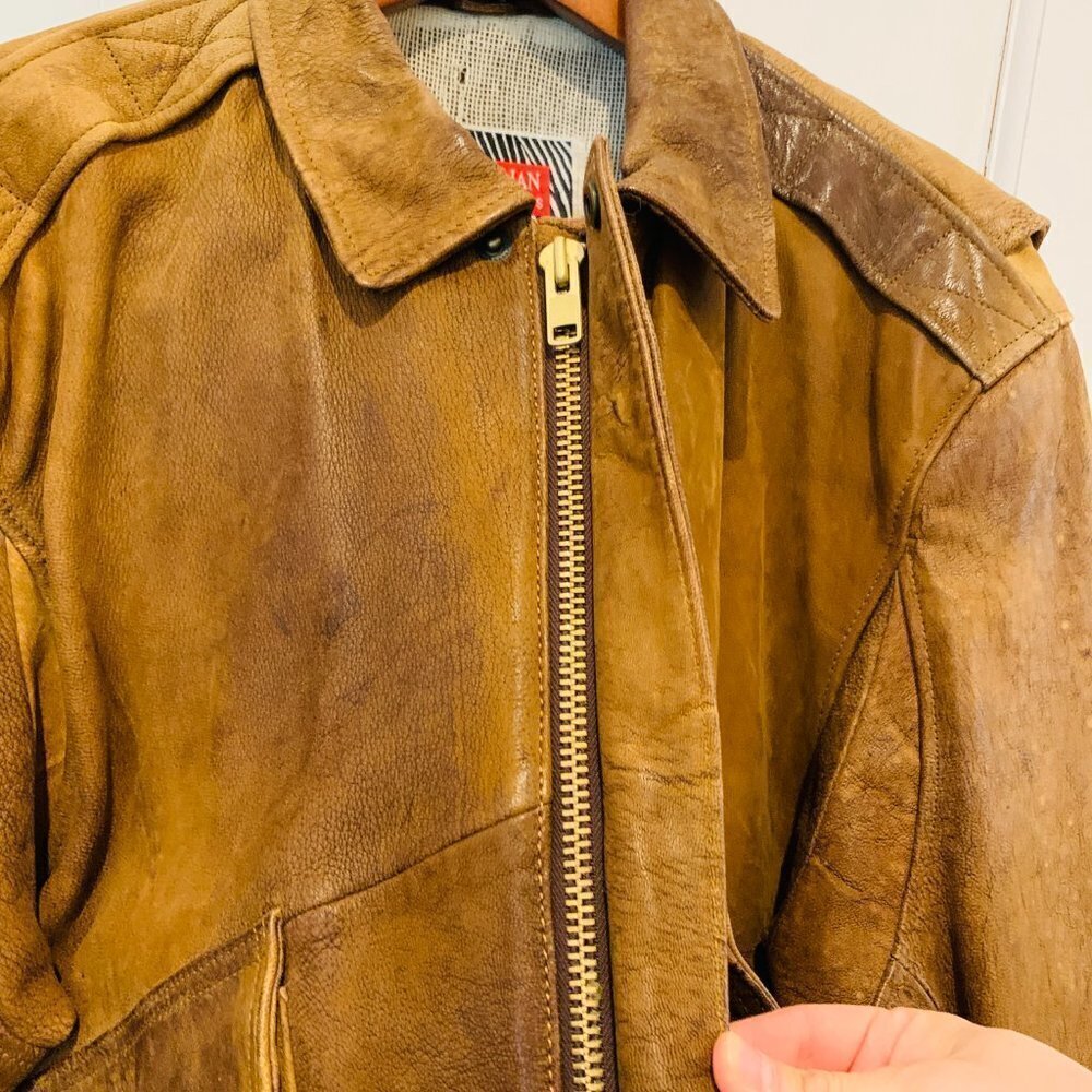 M Julian Brown Leather Bomber Aviator Flight Jacket Vintage Size L/XL - Picture 5 of 16